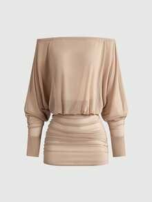 ROMWE Avant Music Festival Sexy Slinky Draped Neck Plunging Neckline Sheer Off Shoulder Women Dress - Camel - View 1