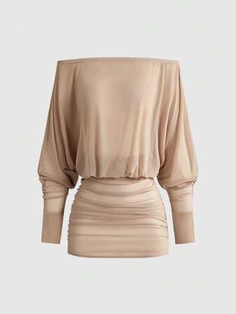 ROMWE Avant Music Festival Sexy Slinky Draped Neck Plunging Neckline Sheer Off Shoulder Women Dress