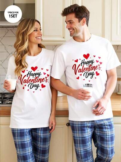 Velminro Men's Valentine's Day Slogan Print Short Sleeve Pajama Top Cute Couple Shirts Matching Pajama Set Couple Couple Christmas Matching Shirts Matching T-Shirts For Couples