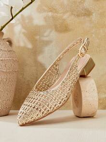 SHUZIA Mulas de tacón de bloque con punta puntiaguda y estilo metalizado de PU dorado trenzado para mujer - Comodidad fresca y elegante estilo de verano - Dorado - Ver 3