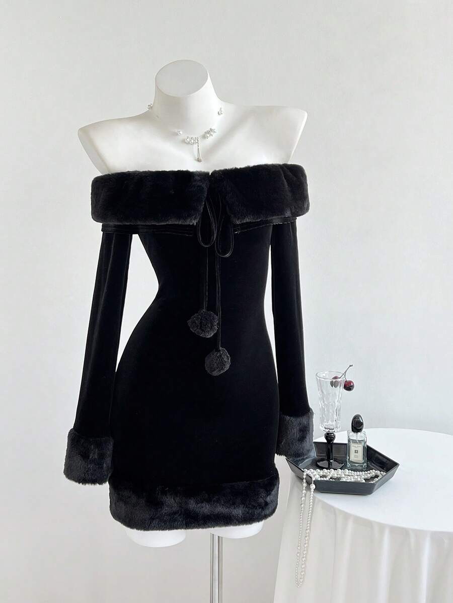 Elamini Đầm ôm sát tay dài trễ vai bằng lông giả màu trắng, thanh lịch và dễ thương cho tiệc Giáng sinh, hẹn hò, mặc hàng ngày - màu đen - Xem 1