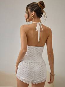 白色蕾丝边系带纯色纹理浪漫性感女士吊带背心睡衣套装 - 白色 - 查看 2