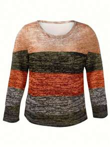 EMERY ROSE Plus Size Women's Casual Round Neck Colorful Striped Print Long Sleeve T-Shirt, Spring/Autumn - Multicolor - View 4