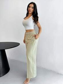 Shopreo Modern Fashion Pearl Embellished Pocketed Women's Elegant Press Crease Pants - Cream - View 6