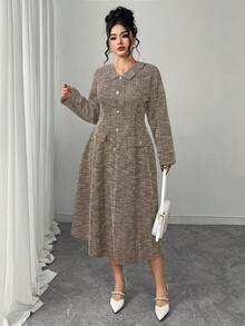 Elenzga Đầm tay dài đính nút ngọc trai cỡ lớn cho nữ, thanh lịch cho tiệc tùng, trà chiều, tiệc năm mới - màu nâu - Xem 3