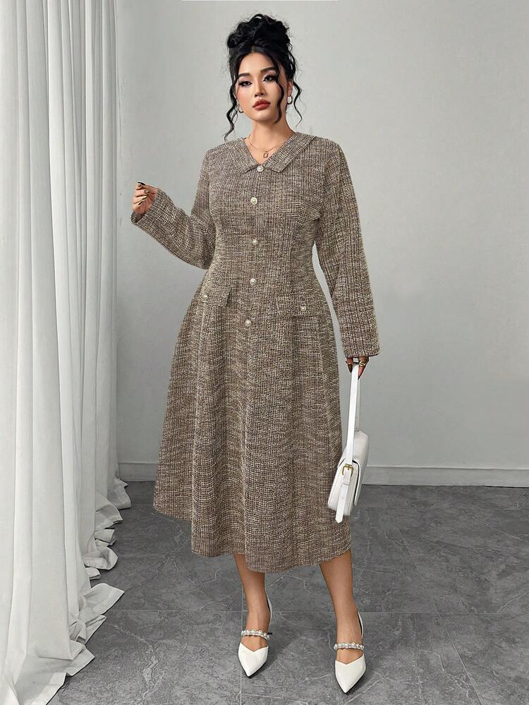 Elenzga Vestido de Manga Longa com Decote Lapela, Botões de Pérola e Bainha Evasê para Mulheres Plus Size, Elegante para Festa, Chá da Tarde, Festa de Ano Novo - Castanho - Visão 3