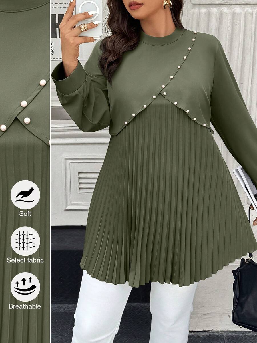 Easura Áo sơ mi đi làm thanh lịch cỡ lớn với họa tiết trang trí ngọc trai, chắp vá và xếp ly - xanh quân đội - Xem 1