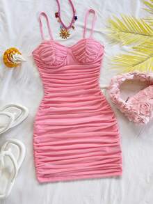 Soleia Red Ruffled Mesh Slip Dress, Suitable For Holiday, Date, Afternoon Tea, Vacation, Music Festival, Boho Style,Pink Birthday Summer Cute - Baby Pink - View 7