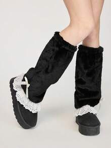 Kawaii 1 双黑色撞色蕾丝蝴蝶结装饰腿套，Y2K 复古时尚简约设计，适合女性日常、上学、约会、购物、旅行等场合。 - 黑色 - 查看 1