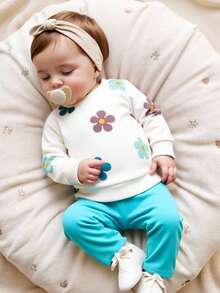 SHEIN Bộ 2 món đồ dễ thương cho trẻ sơ sinh: Áo nỉ dài tay cổ tròn in họa tiết đáng yêu và quần legging màu xanh lá cây, ngọt ngào và đáng yêu, thích hợp mặc hàng ngày và ngoài trời, mùa thu/đông - màu xanh lá - Xem 1