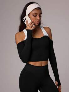 Dewbera 撞色镂空修身运动长袖T恤 - 黑色 - 查看 7