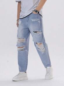 Manfinity Hypemode Men Casual Ripped Frayed Tapered Jeans - Medium Wash - View 4