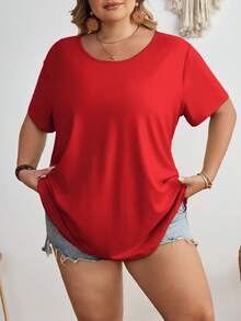 SHEIN CURVE+ Áo thun nữ tay ngắn cổ tròn trơn màu cỡ lớn/2026/Năm mới - Đỏ - Xem 5