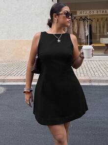 Dripcurv Vestido vaquero casual sin mangas y sin espalda de color azul marino para mujer de talla grande, estilo vintage, atuendo sencillo para vacaciones/Año Nuevo, ropa para Navidad. - Negro 2 - Ver 3