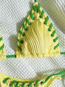 Swim Mod Bộ đồ bơi bikini xẻ tà thắt nút màu tương phản - Màu vàng - Xem 3