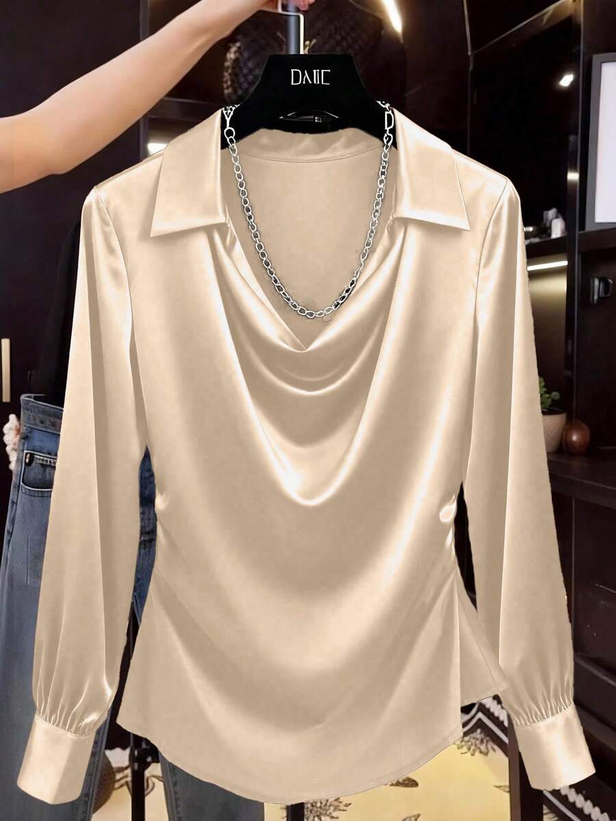 Franclia Women's Shiny Side Ruched Ruffle Collar Blouse, Casual Chic, Minimalist Elegant Style, Suitable For Work Commute - Apricot - View 1