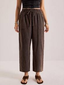 Freevana Quần dài nữ cỡ lớn, kiểu dáng thường ngày, đơn giản, đa năng, màu trơn, chất liệu vải có họa tiết, dây rút ở eo, túi xéo, ống rộng, màu nâu, phong cách boho, kiểu phương Tây, có túi. - Màu xanh nhạt - Xem 6