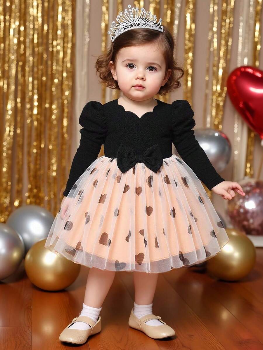 SHEIN Baby Girls' Long Sleeve Ruffle Lamb Dress With Bow & Heart Mesh, Suitable For Daily Gatherings, Elegant And Cute Outfit - Multicolor - View 1