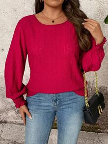 EMERY ROSE Women's Round Neck Long Sleeve Casual Blouse, Versatile For Commuting - Red - View 1