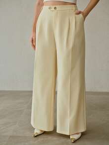 MOTF PREMIUM 加大码春夏纯色斜插口袋前缝阔腿西装裤 - 淡黃色 - 查看 5