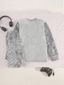 2pcs Boys' Long Sleeve Fleece Pajama Set With Video Game Graphic, Soft & Comfortable, Grey, Winter Fall - Grey - View 2