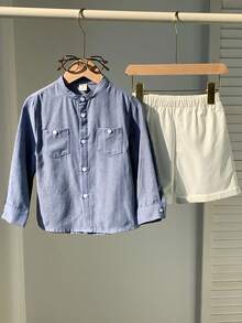 2pcs Set Young Boy Casual Cute Versatile Blue Long Sleeve Shirt & Elastic Waist Shorts Set, Suitable For Birthday Party, Rave, Evening Party, Performance, Wedding, Baby Shower, Christening, 1st Birthday Celebration, Wedding Guest, Baby Shower Christening Outfit Boys 2 Pieces Set Boys Summer Outfit Boys Shirt Shorts Set Boys Semi Casual Set Light Blue Boys Sky Blue And White Sets - Multicolor - View 9