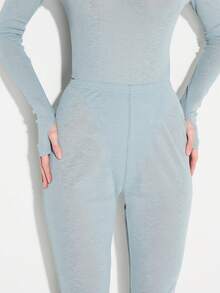 KIZN Quần legging dệt kim lưng cao có họa tiết logo nhỏ, thoải mái mặc hàng ngày - Xám - Xem 3