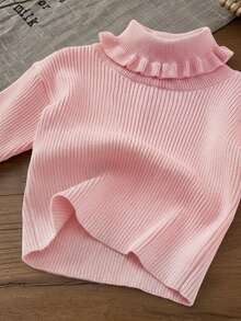 SHEIN LMoss Kids LMoss Cute And Versatile Milk White Simple High Neck Long Sleeve Sweater For Baby Girls, Autumn/Winter - Pink - View 4
