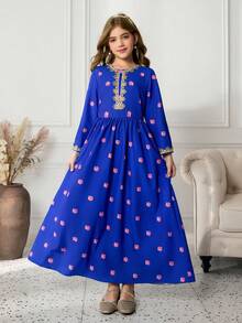 Vestido azul para niña preadolescente con ribete floral de estilo de Oriente Medio, atuendo para festival - Azul - Ver 1