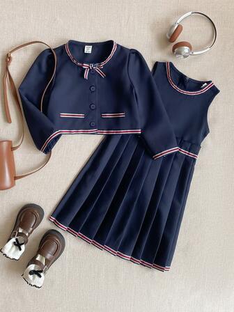 PrepCrw 2件套女童学院风圆领长袖外套和无袖连衣裙套装