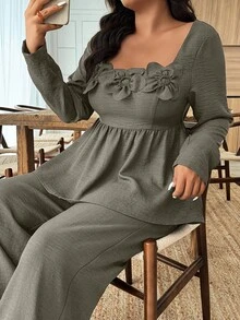 SHEIN LUNE 两件套方领荷叶边下摆花卉装饰裤装 - 咖啡棕 - 查看 4