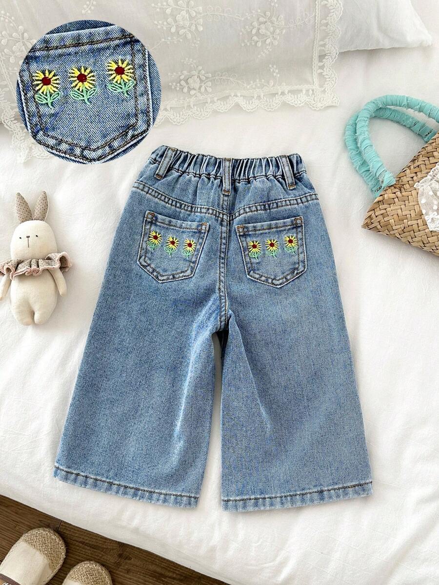 LMoss Kids Celana Jeans Biru Longgar untuk Bayi Perempuan dengan Bordir Bunga Matahari - Light Wash - View 1