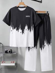 Vacaura 2 pièces/Set T-shirt à contraste de couleur par pulvérisation d'encre et pantalon ample à taille élastique pour adolescents garçons. Confortable et pratique pour le casual, les déplacements, les sports, l'école, la rue, les fêtes et les séances photo. Convient pour l'automne, le printemps et l'été - Multicolore - Voir 5