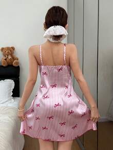 Dream Adore 仿丝绸蝴蝶结条纹深V吊带睡裙 - 粉色 - 查看 2