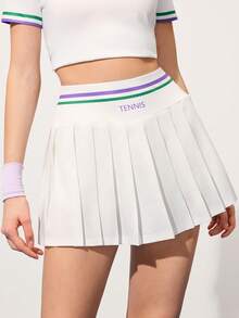 CourtClass Casual Versatile Letter Print Contrast Color High Waist Pleated Yoga Fitness Tennis Skirt Pants Skorts For Women Tennis Pickleball Skirts Women Tennis Outfits Tennis Dress Tummy Control - Multicolor - View 1