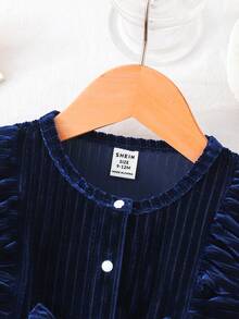 Souflis Souflis Infant/Toddler Girls' Burgundy Velvet Ruffle Collar Bow Tulle Long Sleeve Dress, Cute & Elegant For Casual, Holiday, Party - Blue - View 4