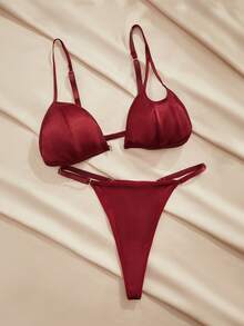Charlaine Bộ đồ lót nữ 2 chiếc cài trước nâng ngực không dây cúp tam giác bất đối xứng cắt xẻ bất đối xứng satin màu đỏ tía gợi cảm lãng mạn thoải mái thanh lịch thường ngày - Màu Đỏ Sâu - Xem 7