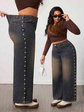 SHEIN BAE 大码女式休闲宽松直筒日常牛仔裤