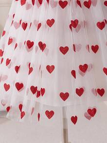 SHEIN Glamorique Kids Girl's Princess Dress, White Mesh, Red Heart Glitter Print, Bow, Valentine's Day, Valentine's Day, Vacation, Partywear ,Valentine's Day,Birthday Dress, New Year's Day, Birthday Party, Wedding Festival Dress, Gorgeous Dress, Middle East, Europe And America - White - View 4