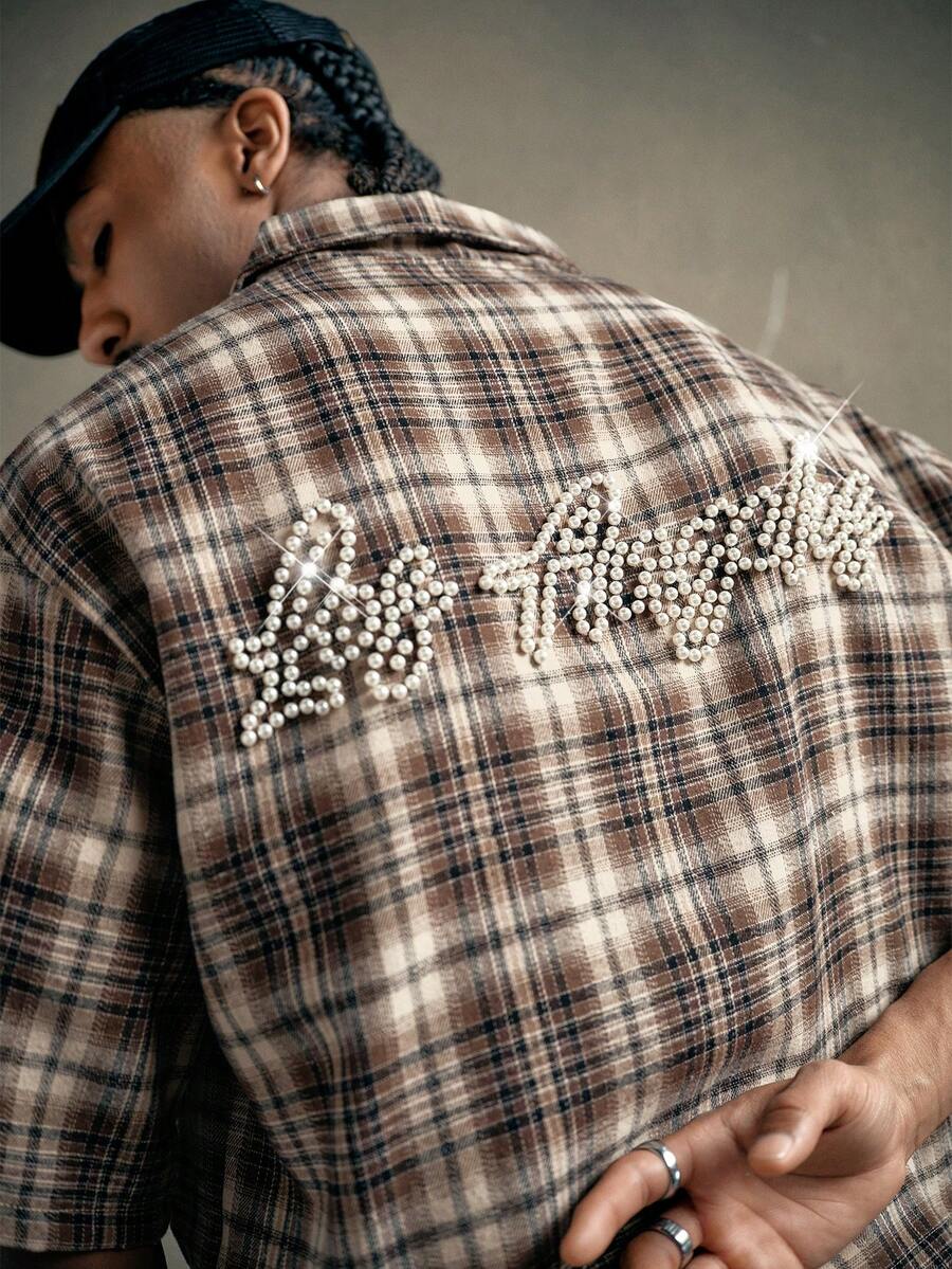 AXEPEAK Vintage American Plaid Pearl Studded Short Sleeve Shirt