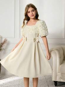Tween Girls Elegant Party Solid Color 3D Floral Decor Dress - Apricot - View 6