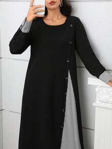 Al Najma Round Neck Front Button Solid Color Striped Casual Dress - Black - View 4