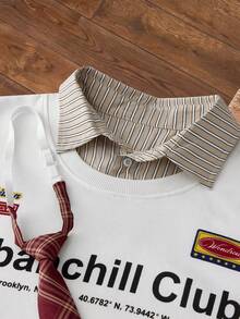 SWAVVY Men's Casual College Style Letter & Striped Print 2 In 1 T-Shirt With Necktie, Summer College Style Pattern Polo Men Unisex Clothes Men Club Wear Pro Club Shirt - White - View 3