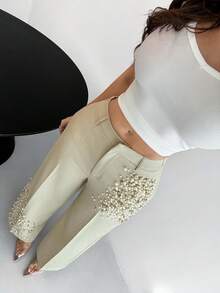 Shopreo Modern Fashion Pearl Embellished Pocketed Women's Elegant Press Crease Pants - Cream - View 4