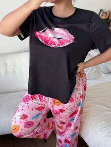 Dream Adore Plus Size Lip Print Short Sleeve Casual Pajama Set Cute Lounge Wear - Pink - View 6