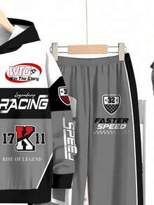 2pcs Tween Boy Casual Sporty Colorblock Car Racing Letter Print Hoodie Sweatshirt And Pants Set, Comfortable For Autumn/Winter