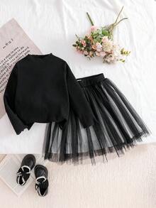 Genkimix Kids Set de 2 piezas con camiseta acanalada y falda midi de malla para niña joven - Negro - Ver 1