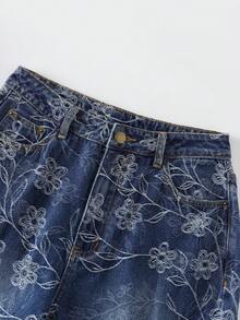 GlowEve Women's Casual Floral Print Loose Wide-Leg Jeans, Vacation Style - Dark Wash - View 7