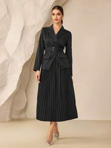 Modelyn 女士优雅条纹褶皱两件套，秋季 - 黑色 - 查看 6