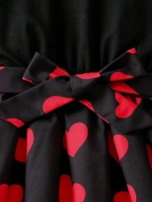SHEIN Tween Girls' Summer Casual Patchwork Heart Print Ruffle Hem Dress Tween Dresses Puff Sleeve Dress Cute Tween Valentines Dress Cute Cheap Clothes - Black - View 4